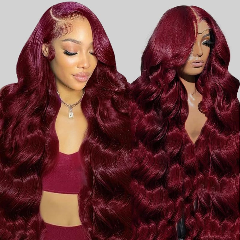 9X6 Wear and Go Glueless Wigs Human Hair Body Wave 200 Density HD Lace Front Wigs Human Hair Cherry Red Colored Brazilian Pre Plucked Pre Cut 99J Burgundy Ready to Wear Glueless Wigs 22 Inch
